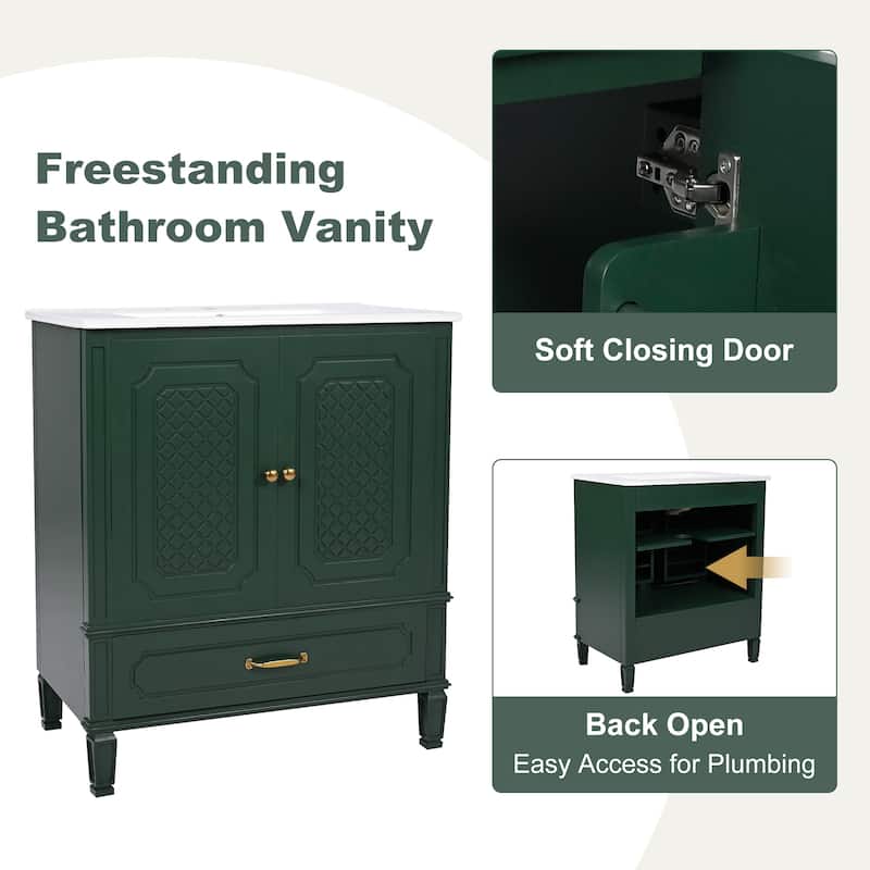 30 Inch Freestanding Bathroom Vanity with Ceramic Sink, Vintage Design, Drawer Storage, Soft Close Doors