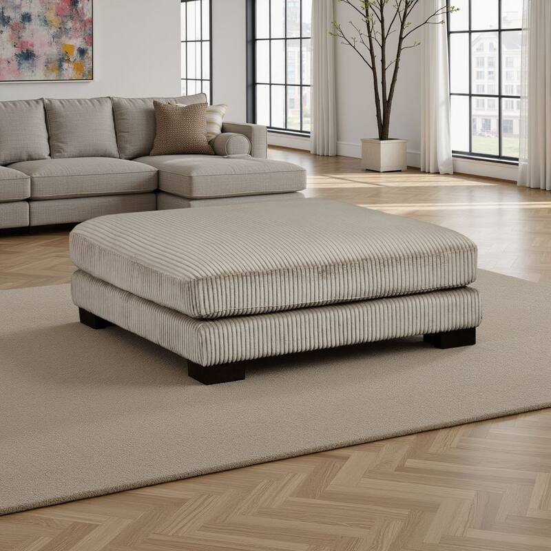 Rix Modern Ottoman, Taupe Gray Corduroy, 45 Inch Square, Black Feet