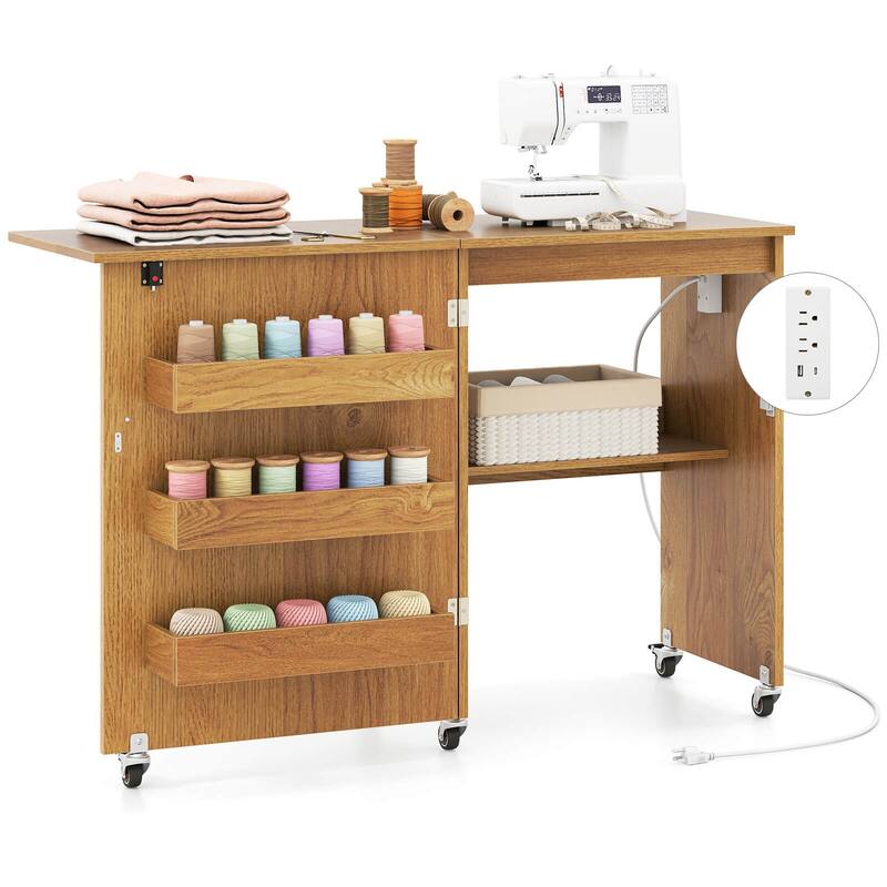 Costway Folding Sewing Machine Table Lockable Casters Rack with 3 - See Details