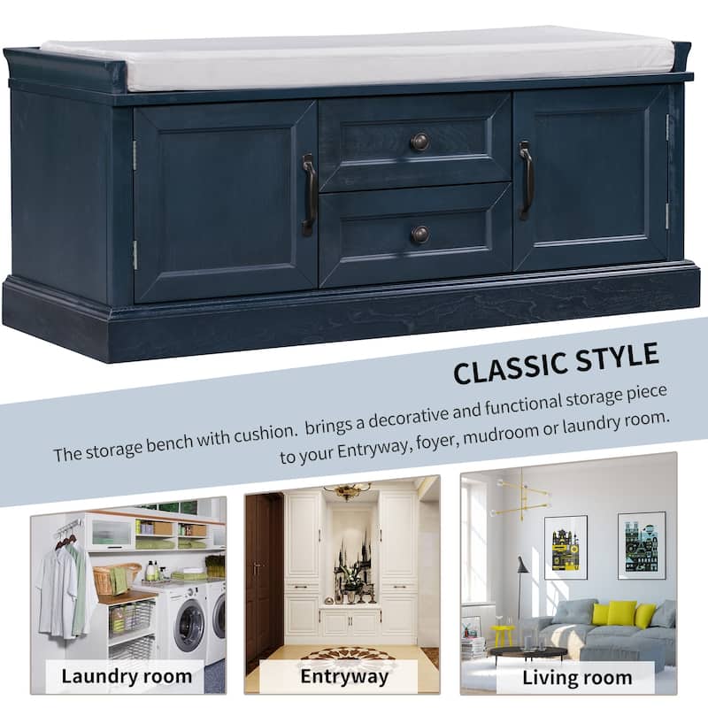Storage Bench with 2 Drawers and 2 Cabinets, Shoe Bench Entryway Bench with Removable Cushion for Living Room, Entryway