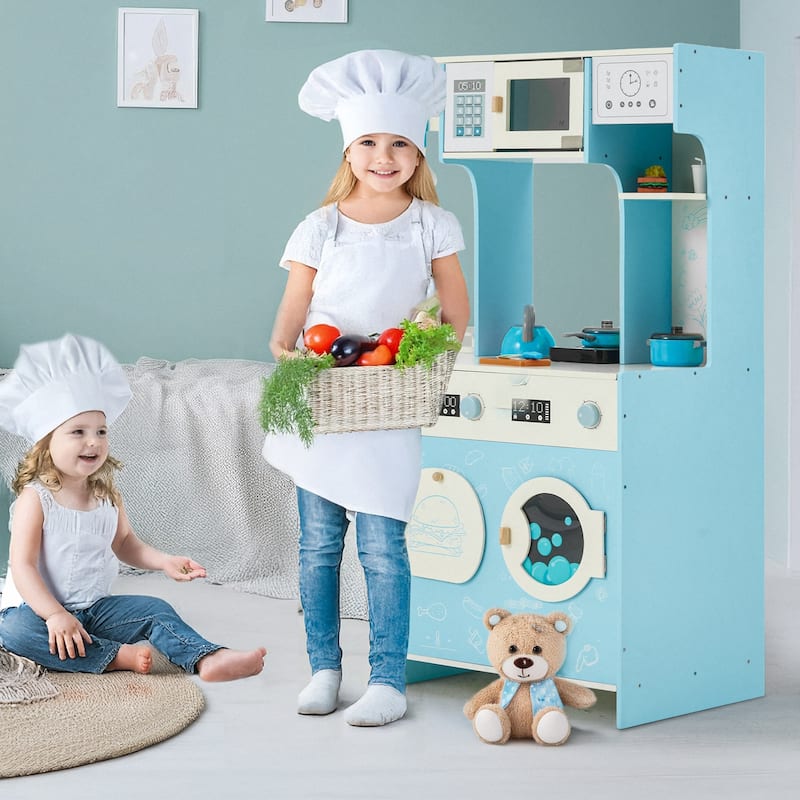 Wooden Play Kitchen Set for Kids, Pretend Cooking Toy, Interactive Kitchen Playset