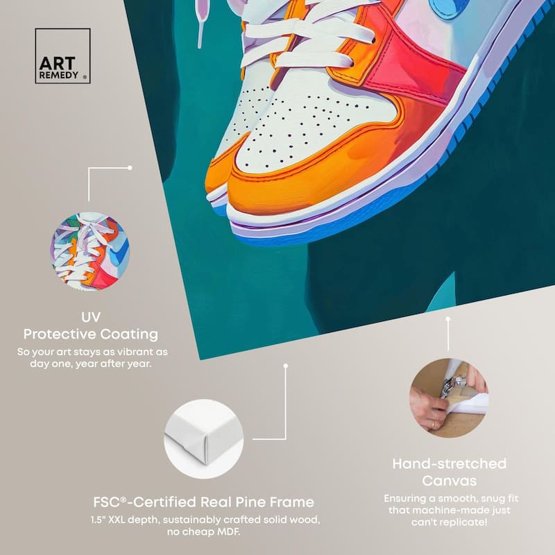 Colorful Sneaker Jump Canvas by Art Remedy, Gallery Wrapped