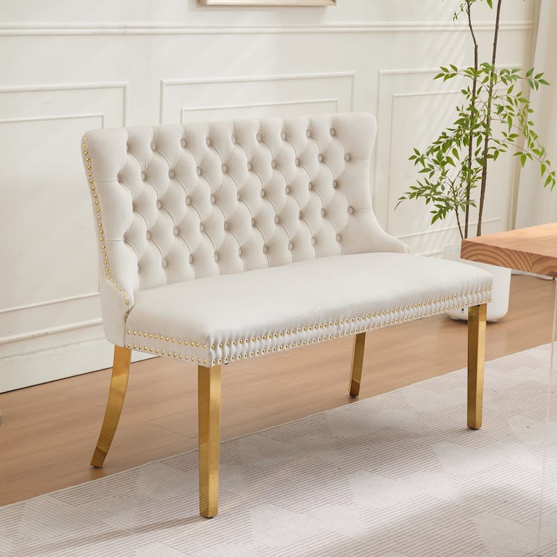 Velvet Double Dining Loveseat Bench, 2-Seat Tufted Bench w/Handmade Buttons, Wing Back, Gold-Plated Steel Legs, Single Pack - Beige+Glod