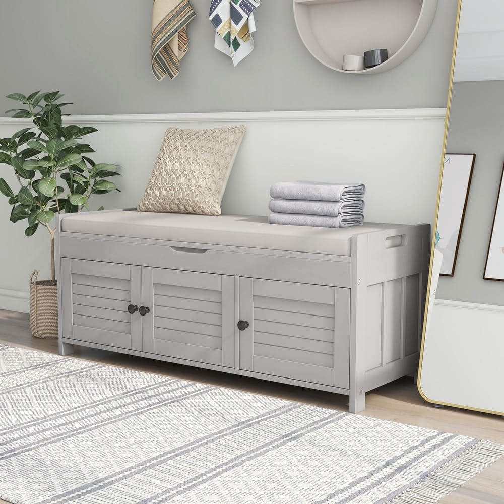 Storage Bench with 3 Shutter-shaped Doors, Shoe Bench with Removable Cushion and Hidden Storage Space