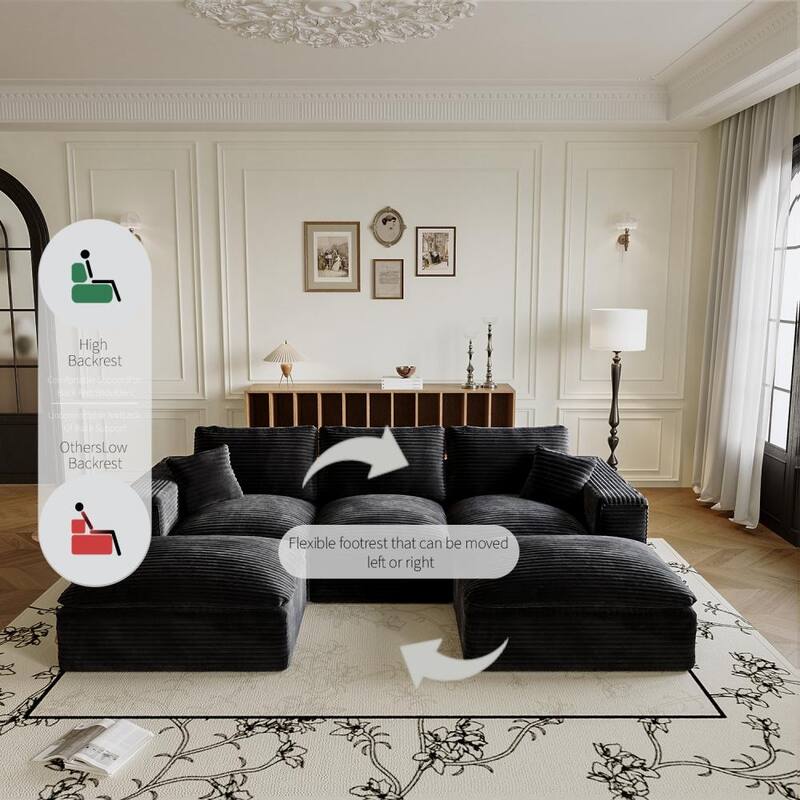108.26" Corduroy Upholstered Sectional Sofa with Flexible Ottoman