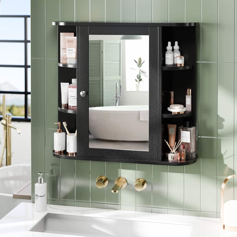 Futzca Bathroom Medicine Cabinet with Mirror and 6 Open Shelves - Black