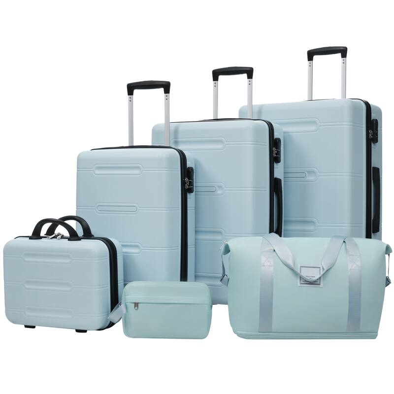 6 Piece Luggage Set, with Double Spinner Wheels Handle Password Lock, 14 IN Cosmetic Case 20/24/28 IN Luggages with Bag - Light Blue