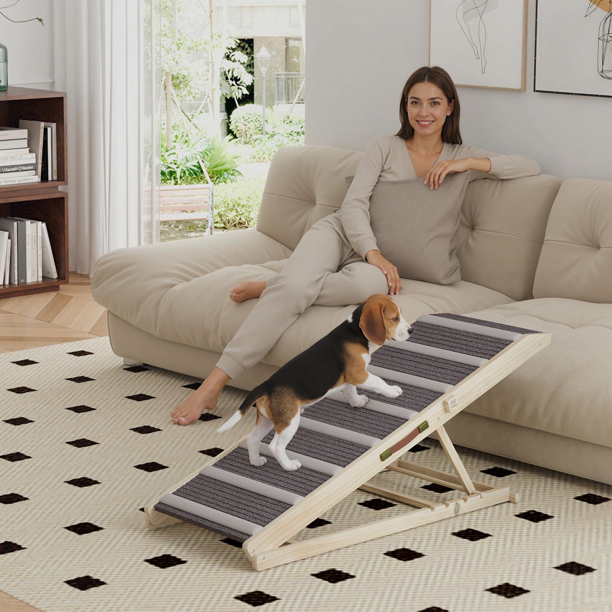 PawHut Dog Ramp for Couch, Foldable Pet Ramp for Small to Large Dog, 4 Adjustable Height from 16" to 23.5", Pet Steps - Natural