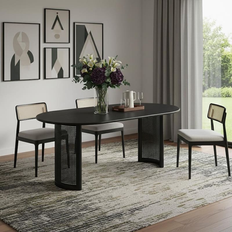 HomeRoots 79" Black Solid Wood Double Pedestal Base Oval Dining Table - 79.00 in. x 30.00 in. x 33.50 in. - Black - 79.00 in. x 30.00 in.  x 33.50 in.