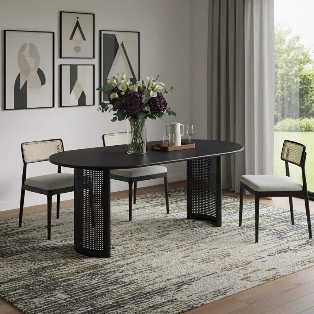 HomeRoots 79" Black Solid Wood Double Pedestal Base Oval Dining Table - 79.00 in. x 30.00 in. x 33.50 in.