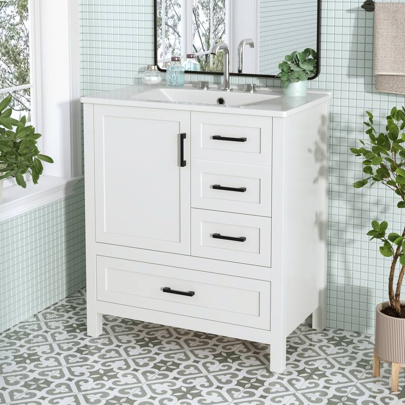 Multifunctional Storage Cabinet Bathroom Vanity with Removable Pull-out Tray, Door Storage Box and 3 Different Sizes Drawers