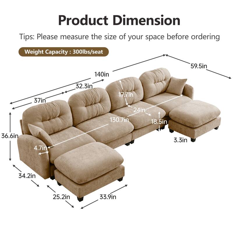 140" U Shaped Modern Sofa, Modular Sectional Couch Set with 2 Ottoman, 4 Seat Chenille Deep Seat Sofa for Living Room