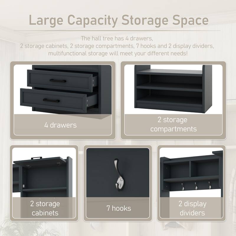 4-in-1 Entryway Hall Tree with Bench, Shoe Storage, 7 Hooks Coat Rack, Drawers, Cabinet, Detachable Multiple Functions Halltree