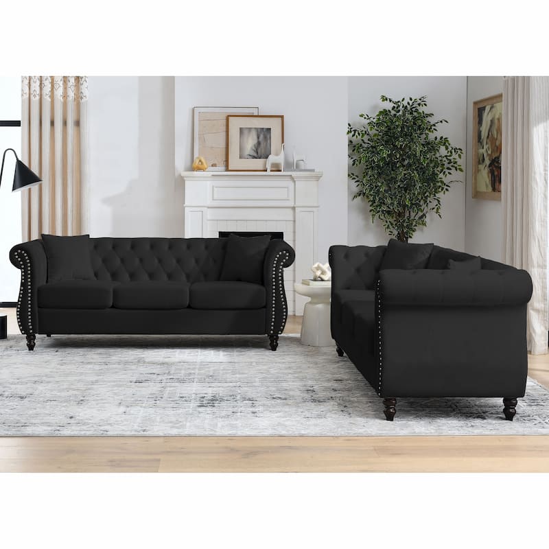 80" Chesterfield Velvet 3-Seater Sofa with Rolled Arms and Nailhead Detail, Ideal for Living Room, Office