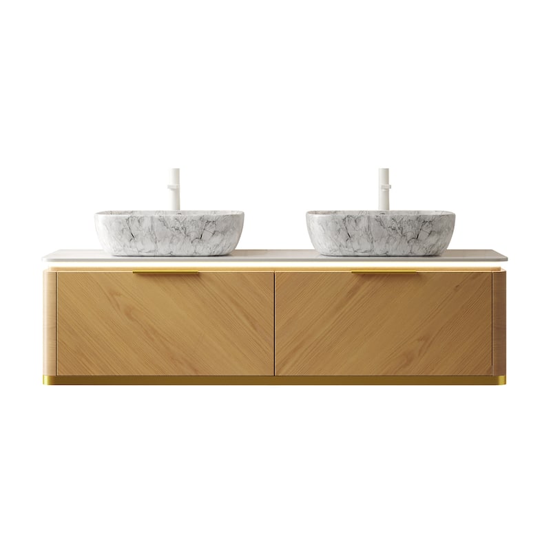 60" Floating Bathroom Vanity with Sensor Light and Marble Vessel Sink