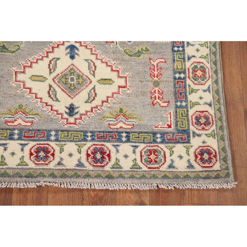 Gray Geometric Kazak Foyer Rug Hand-Knotted Oriental Wool Carpet - 2'8" x 4'1"