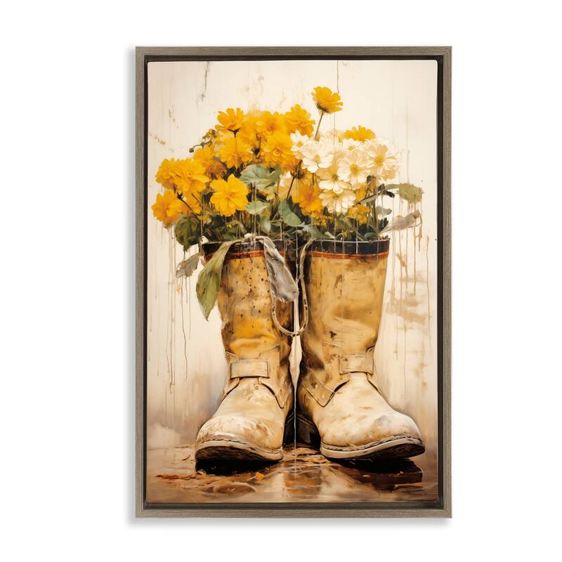 Stupell Flowers in Rugged Country Boots Framed Floater Canvas Wall Art Design By Heidi Kuntz - 17 x 25 - Brown