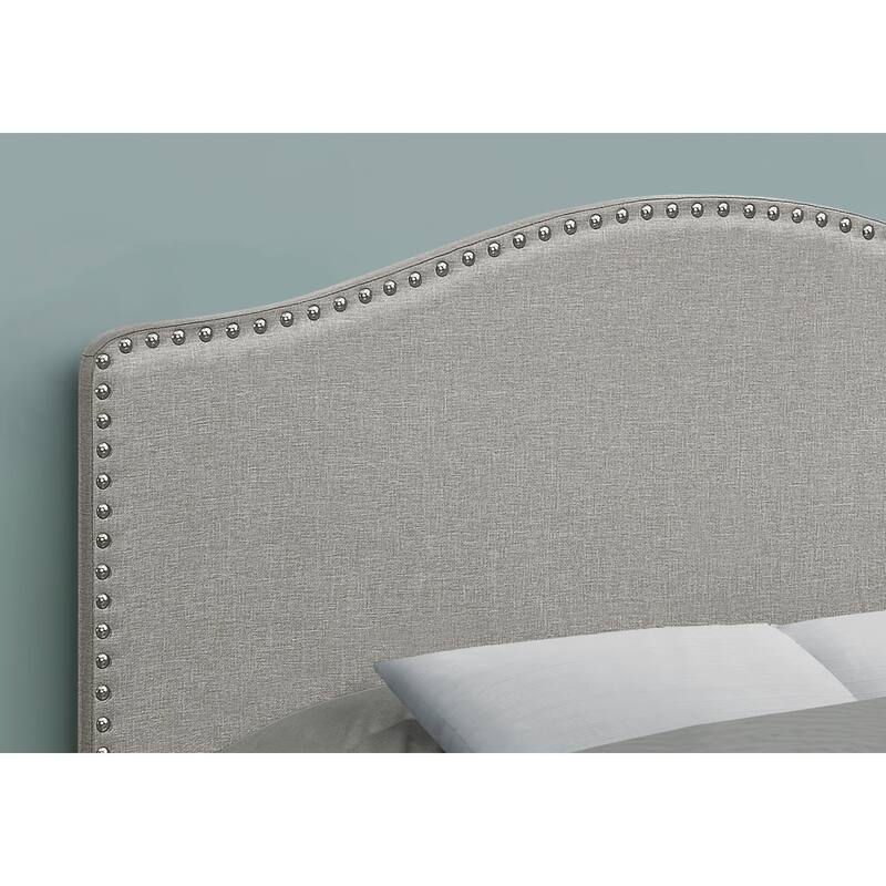 Full Size Upholstered Grey Linen Look Headboard with Chrome Trim
