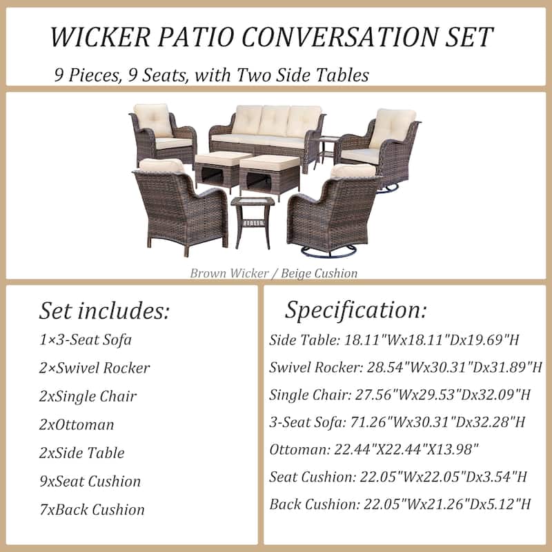 9 Piece Outdoor Wicker Patio Conversation Furniture Swivel Chairs Sets