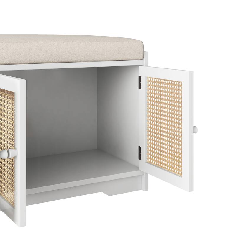Upholstered Storage Bench with Cabinet Rattan Style Wood Cabinet
