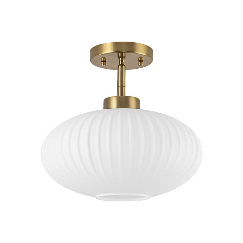 1-Light Vintage Brass Glass Semi Flush Mount Ceiling Light for Entryway