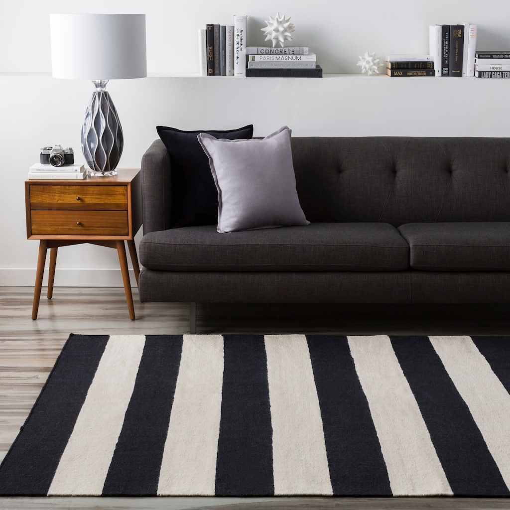 Hand-woven Jailhouse Stripe Jet Black Wool Area Rug - 5' x 8'