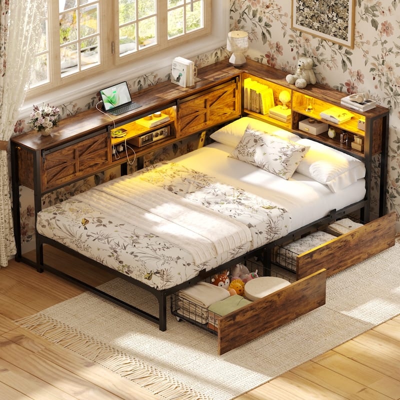 Corner Daybed with Drawers and Bookcase, Twin Bed Frame with LED Light and Charging Station