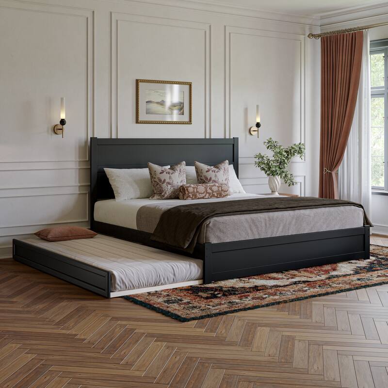 Aveline Wood Platform Bed with Matching Footboard & Trundle - Black - King