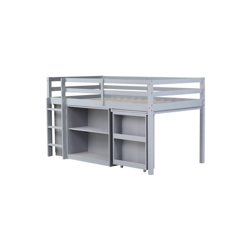 Roomfitters Twin Rubber Wood Loft Bed with Storage Cabinets and Pull-Out Desk, Safety Guardrail and Ladder