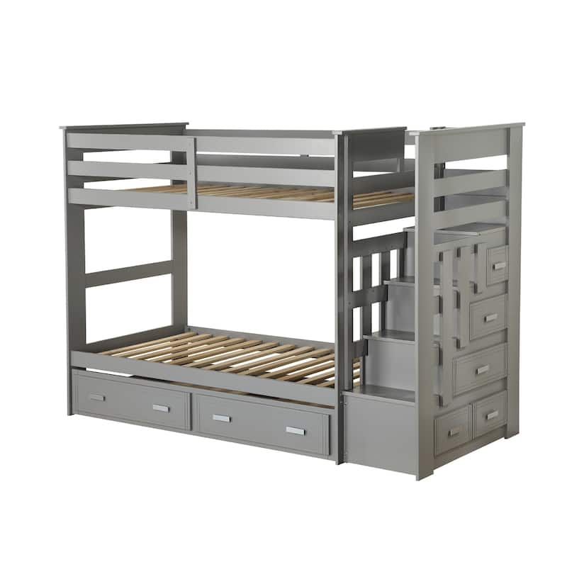 Wooden Twin over Twin Bunk Bed with Trundle in Gray Finish - Gray - Twin