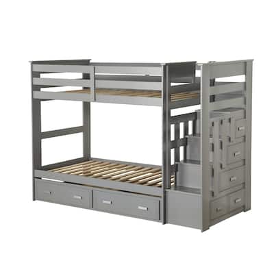 Wooden Twin over Twin Bunk Bed with Trundle in Gray Finish