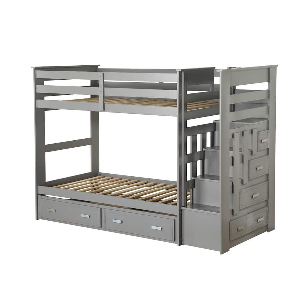 Wooden Twin over Twin Bunk Bed with Trundle in Gray Finish