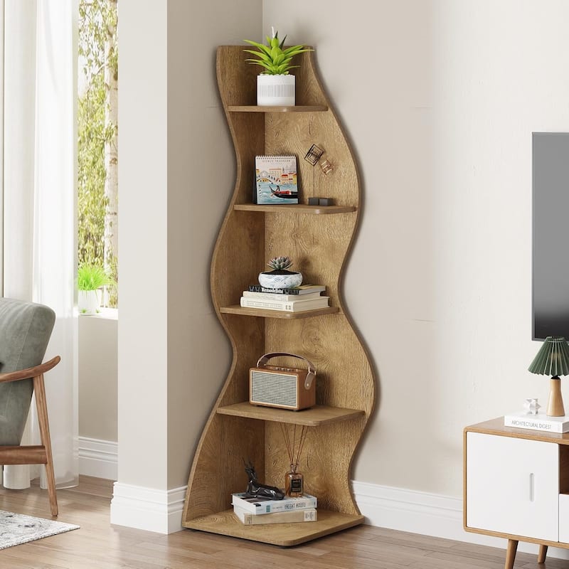 Corner Shelf Bookcase Bookshelf with Unique Shape for Living Room, Home Office - 1PC - Light Brown