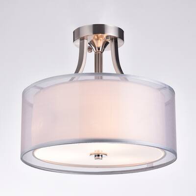 Brushed Nickel 3-Light Semi-Flush Mount with Double Drum Shades