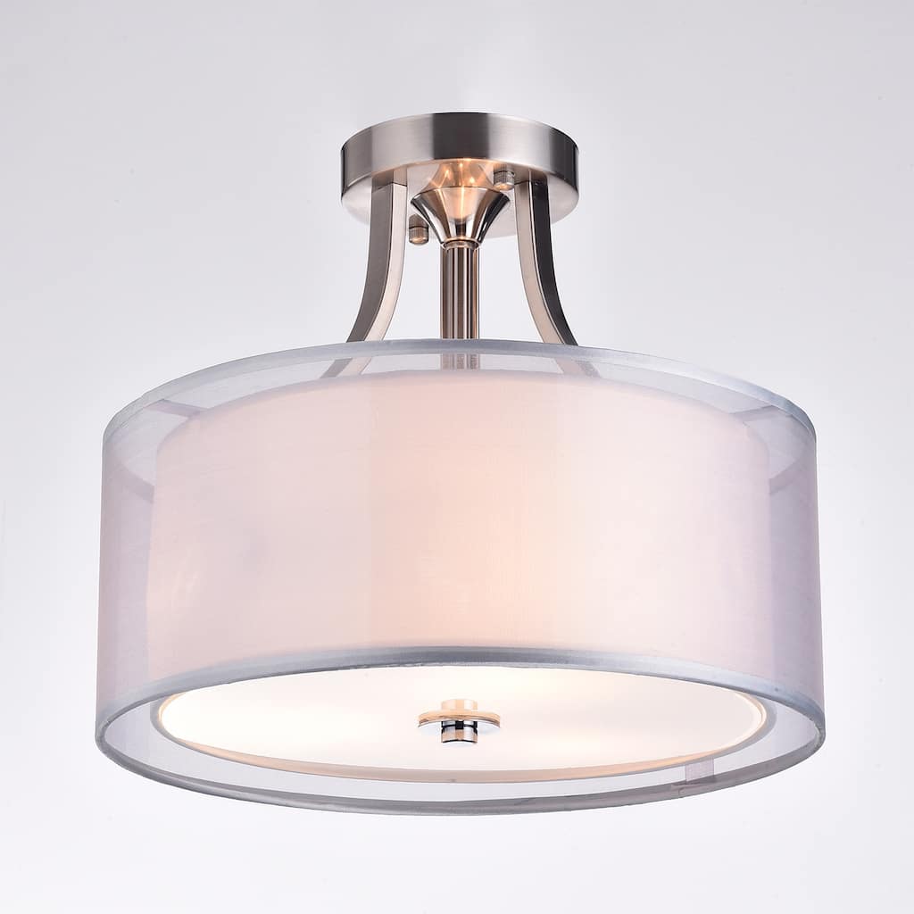 Brushed Nickel 3-Light Semi-Flush Mount with Double Drum Shades