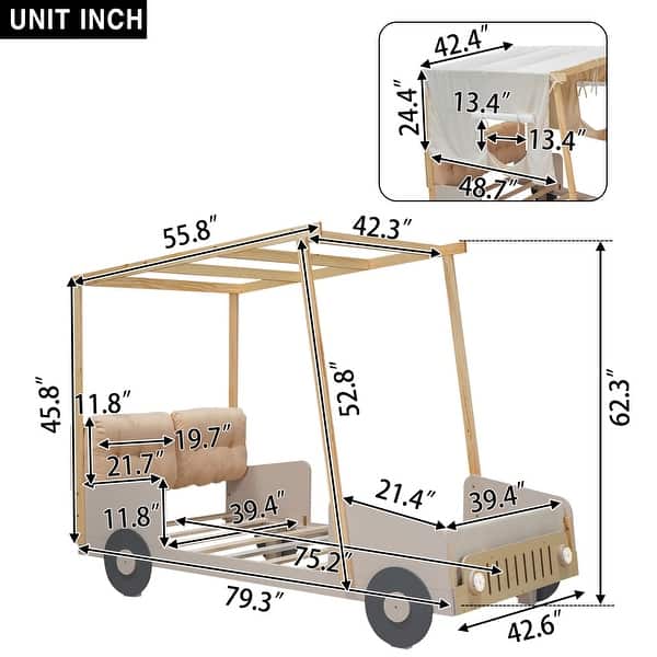 Wood Twin Size Car Bed with Pillow, Ceiling Cloth, LED and Canopy Frame, Wood Kid Bed Frame, No Box Spring Needed