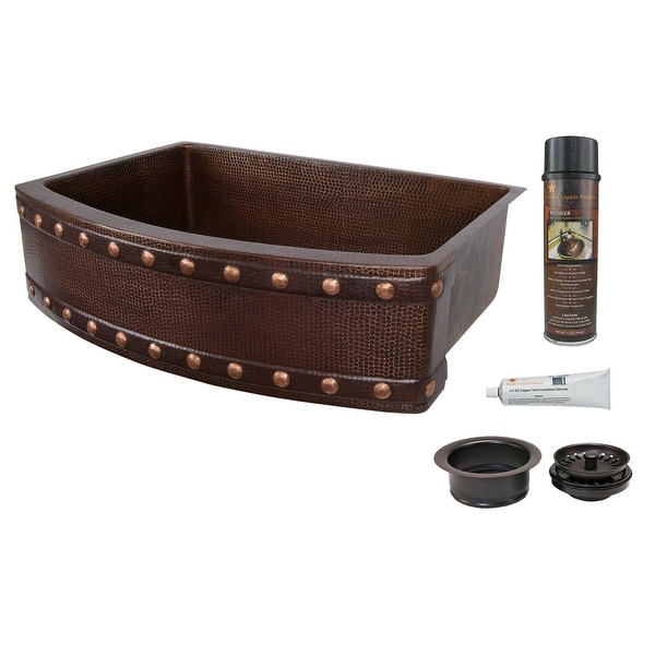 Premier Copper Products KSP3_KASRDB30249BS Barrel Strap 30" Hammered Copper Single Basin Farmhouse Kitchen Sink with Matching