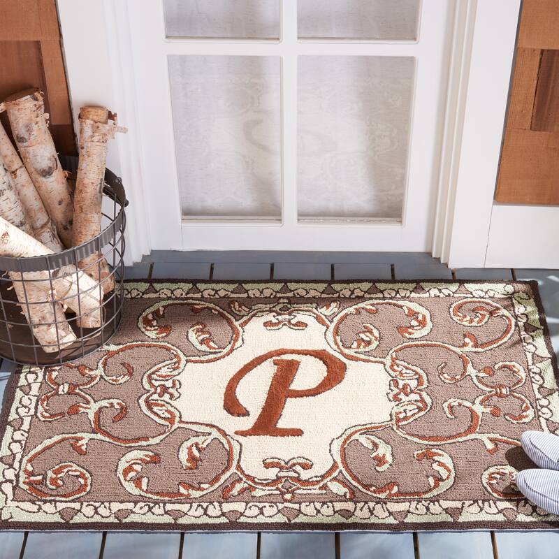 SAFAVIEH Hand-hooked Monogram Athina J Mocha Rug - 2' 6" x 4' - Mocha - P