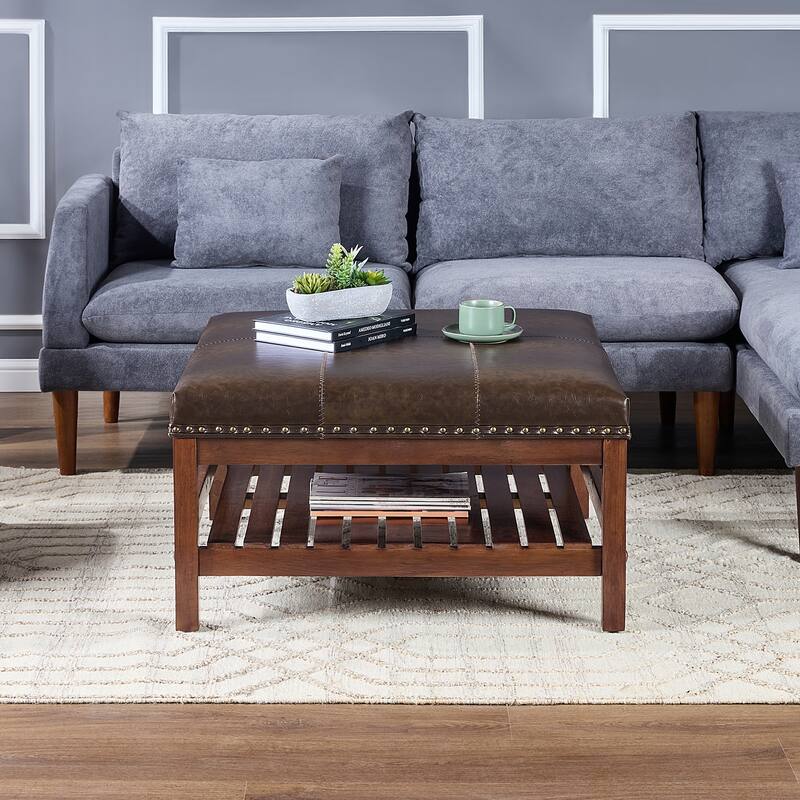 Coffee Table Cocktail Ottoman with Storage Shelf - Large Upholstered Centerpiece with Open Shelf for Storage and Decor