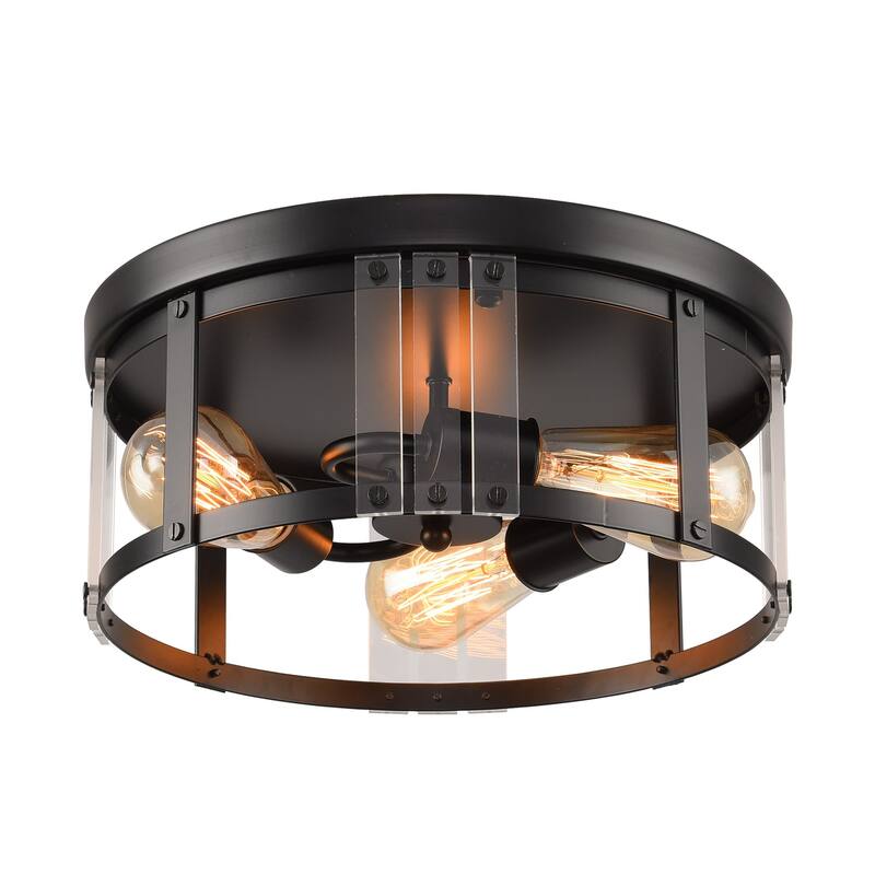 13" Industrail Black 3-Light Flush Mount Caged Ceiling Light - N/A