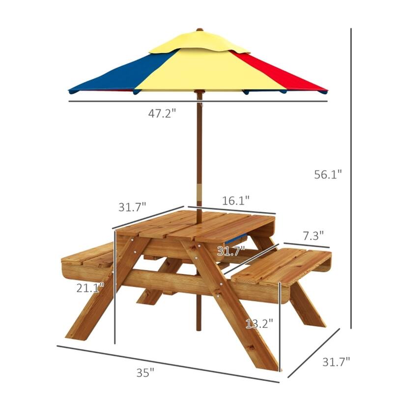 3-in-1 Kids Teak and Blue Outdoor Picnic Table with Sand-Water Box and Removable Umbrella - 35" L x 31.7" W x 56.1" H