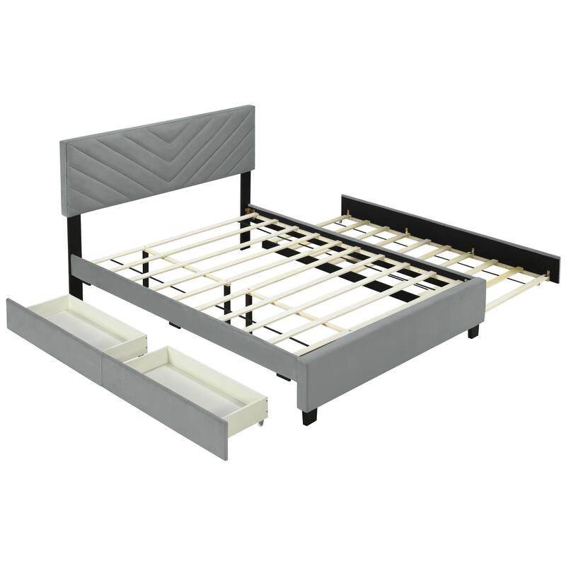 HomeRoots Gray Tufted Upholstered Queen Bed Frame With Trundle And Drawers