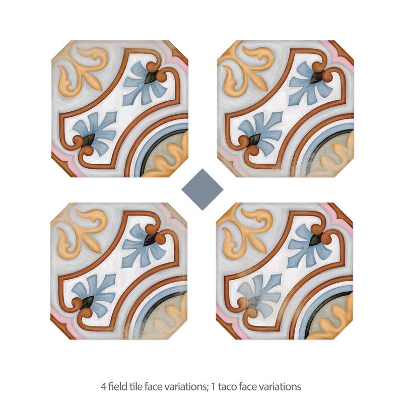 Merola Tile Vaudeville Octagon Deco Diglas with Taco Azzuro 7-7/8" x 7-7/8" Porcelain Floor and Wall Tile