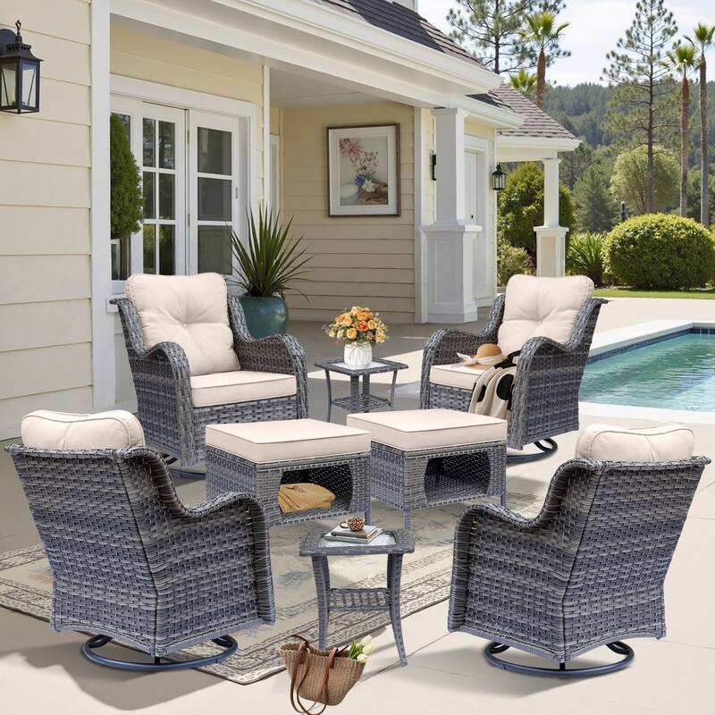 8-piece Wicker Patio Furniture Set with Swivel Chair and Patio Ottoman - Beige-Gray Wicker