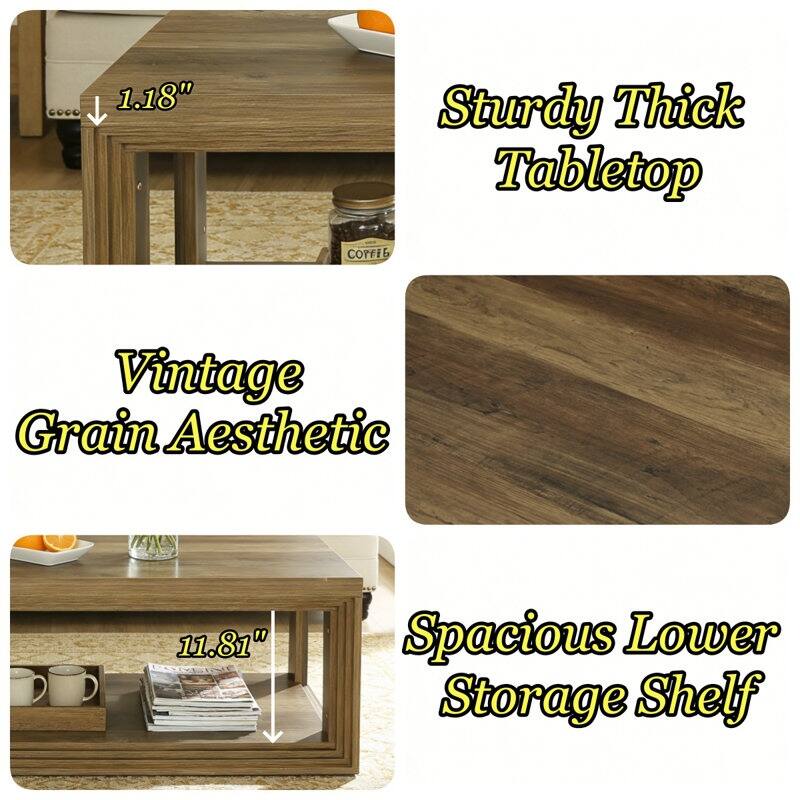 47.24" Rectangular Rustic Coffee Table With Open Storage Shelf