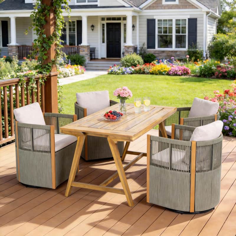 Christopher Knight Home - Maris 5-Piece Outdoor Acacia Wood Swivel Dining Set with 70.75" Rectangular Slat Table and Cushions - Teak Finish+Light Grey+Beige