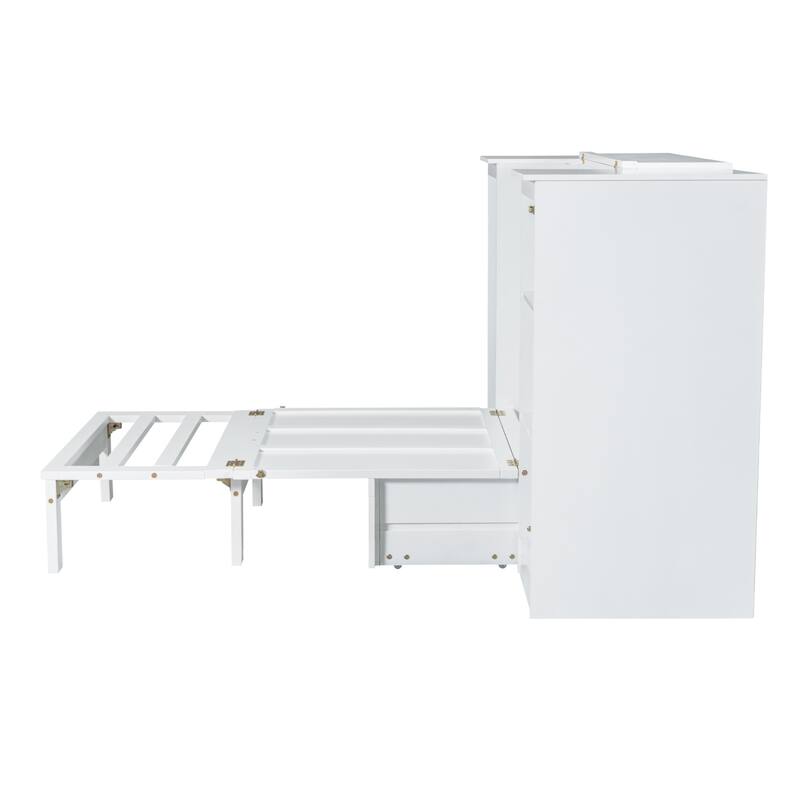 Twin Size Solid Wood Murphy Bed with Pull-Out Drawer,Built-In Wardrobe - Space-Saving Wall Bed with 3-Shelf Bookcase