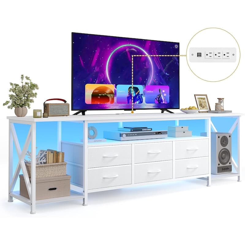 TV Stand with LED Lights Power Outlets Dresser Fabric Drawers Entertainment Center