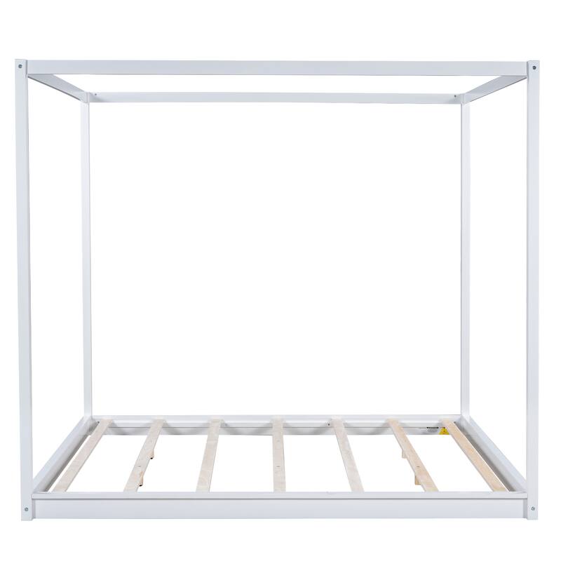 Wood Canopy Bed Floor Platform Bed Grounded Bed with Slats Support and Top Frame Easy Assembly No Box Spring Needed