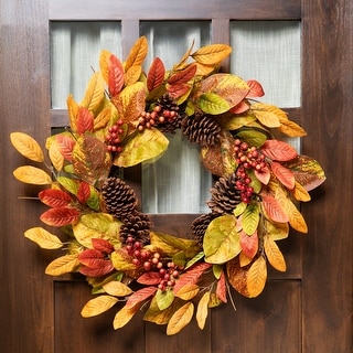 Leaves Berries Twig Artificial Thanksgiving Wreath - 26-Inch, Unlit ...
